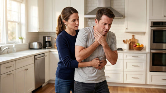 Person performing the Heimlich maneuver on a choking adult in a kitchen, hands positioned above the navel