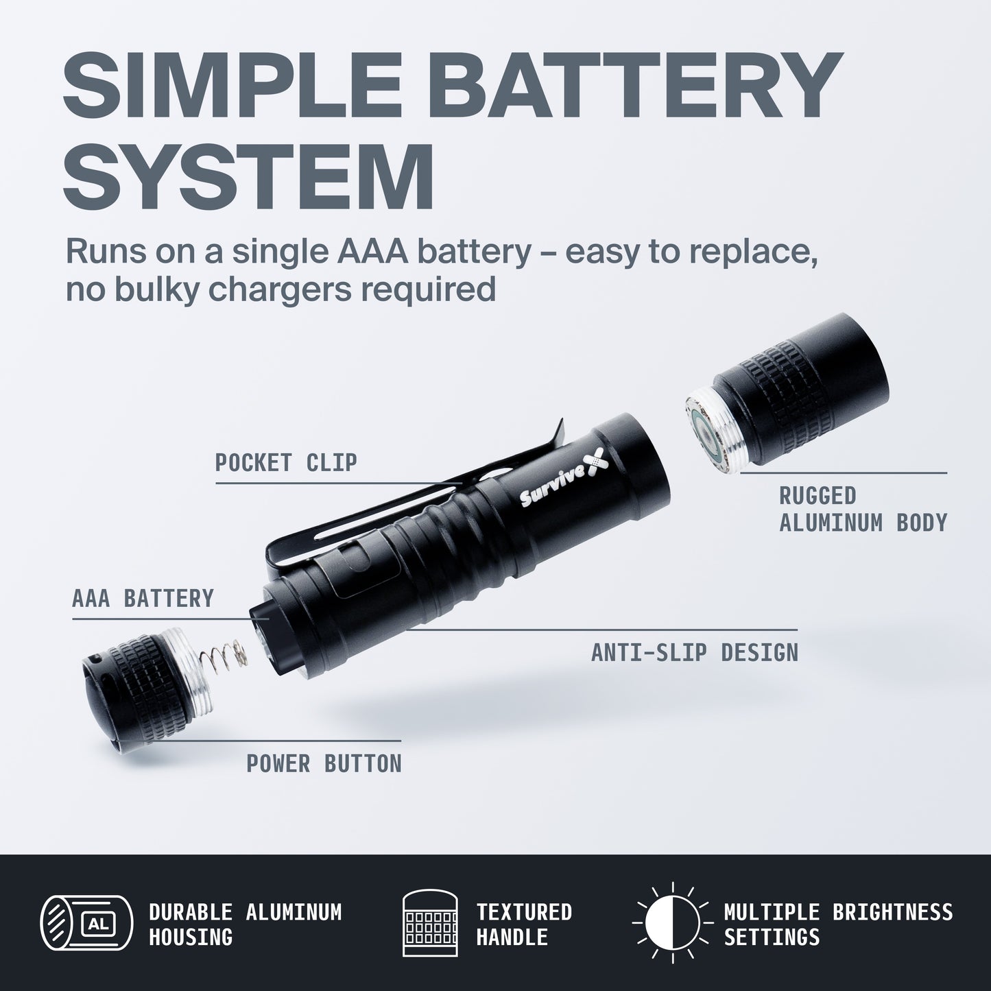 SurviveX Mini Flashlight - Simple Battery System