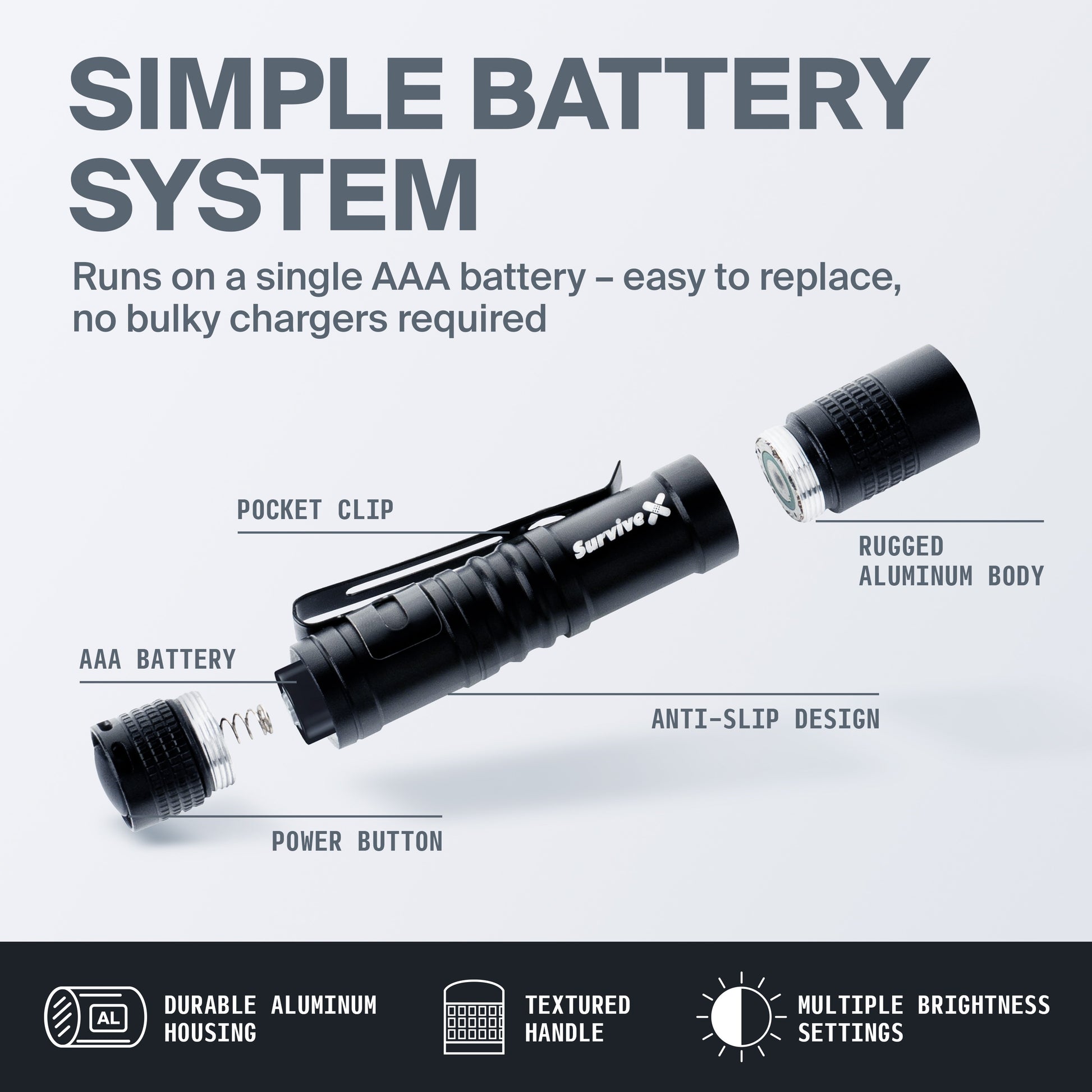 SurviveX Mini Flashlight - Simple Battery System