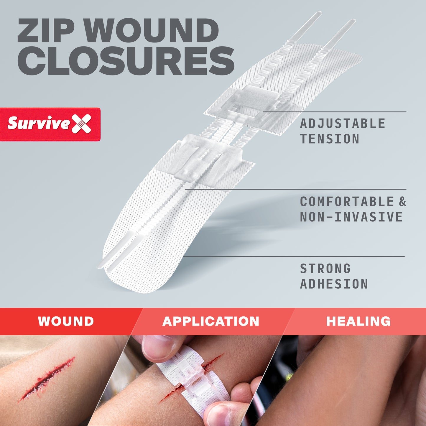 SurviveX Zip Stitch Wound Closures 3PCS Strips - Adjustable Tension, Comfortable & Non-invasive, Strong Adhesion