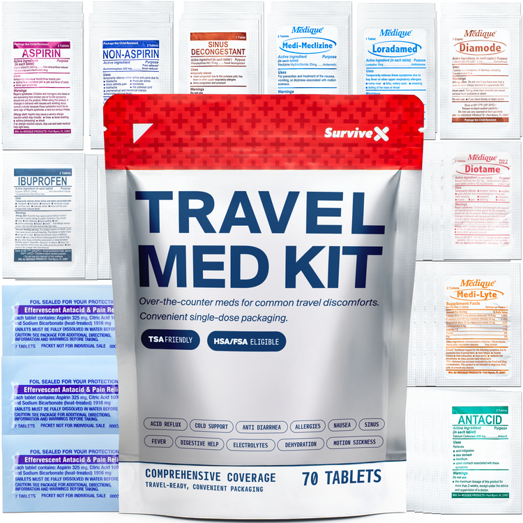 SurviveX Travel Medicine Kit - Resealable Pouch with Single-Dose Medication Sachets, 70 Tablets