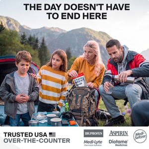 SurviveX Travel Medicine Kit - Family on a Camping Trip Reaching for the Kit, Trusted USA Over-the-Counter Medicines