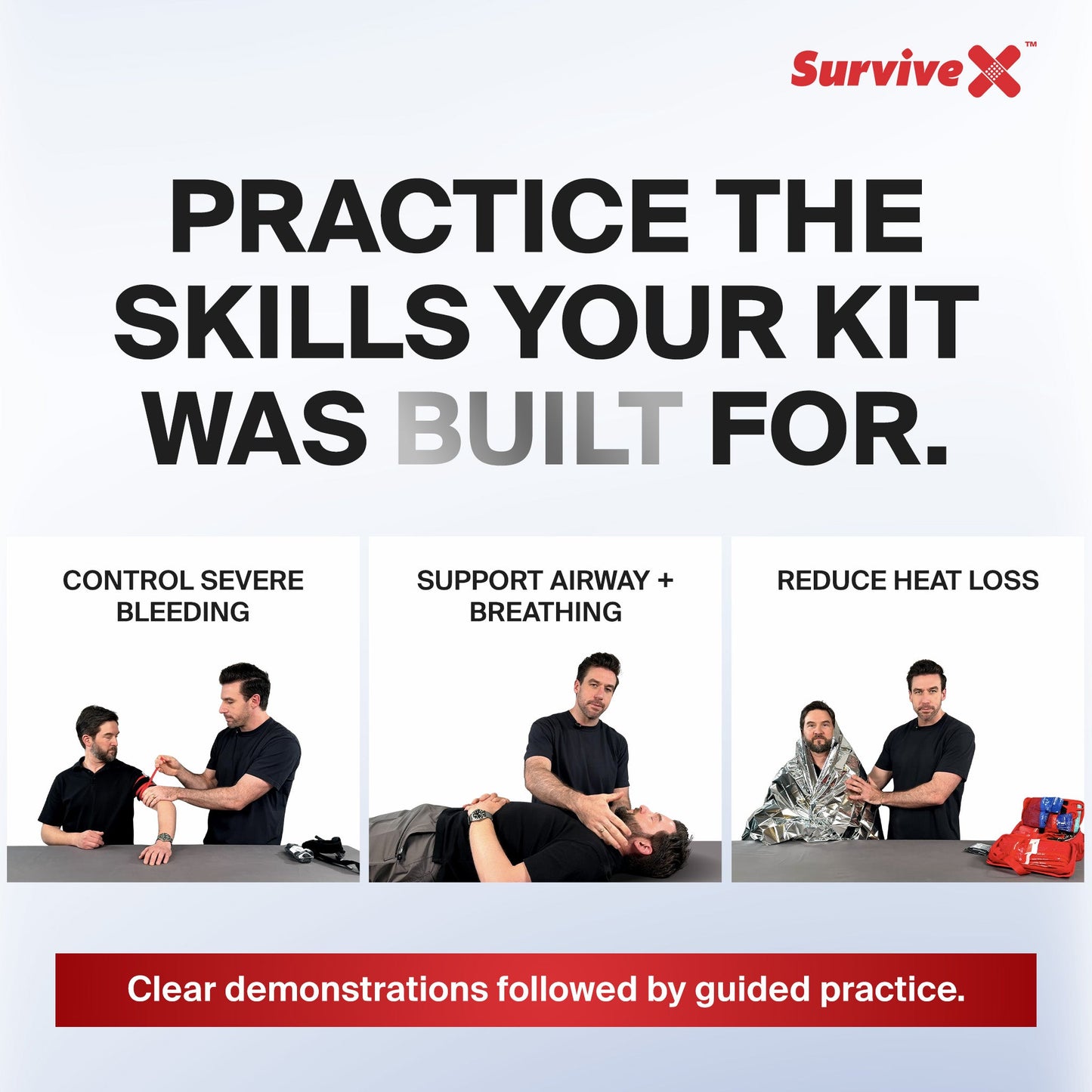 Draft course demonstrations for bleeding control, airway checks, and heat-loss reduction
